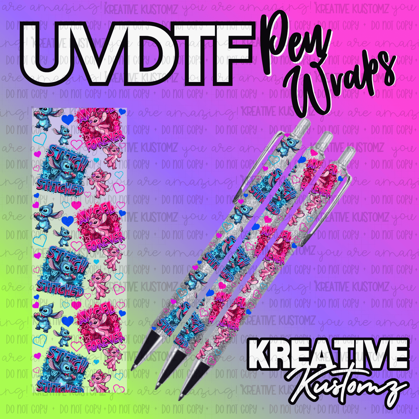 A UV DTF adhesive pen wrap featuring Stitch and Angel characters on a glittery background.
