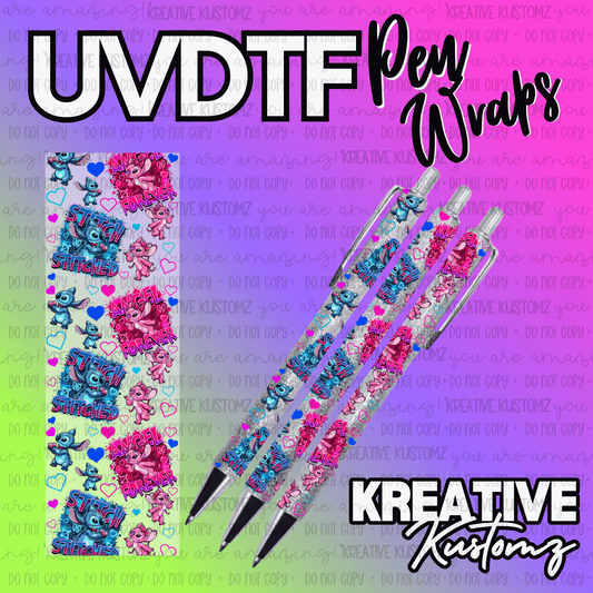 A UV DTF adhesive pen wrap featuring Stitch and Angel characters on a glittery background.