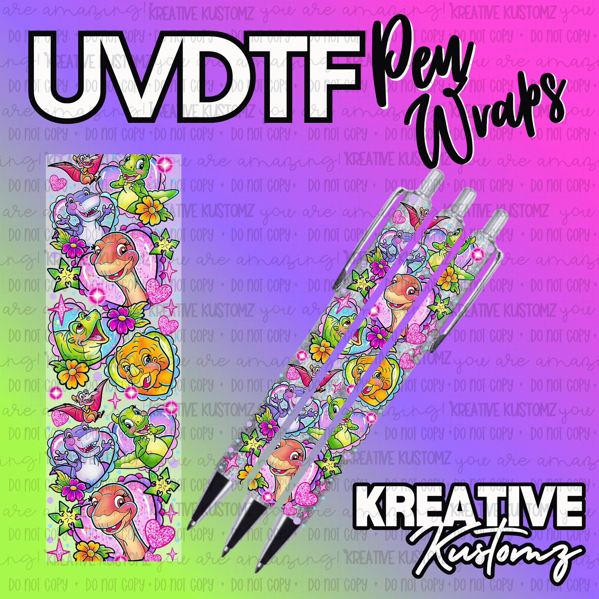 A UV DTF adhesive pen wrap featuring a colorful cartoon dinosaur pattern.