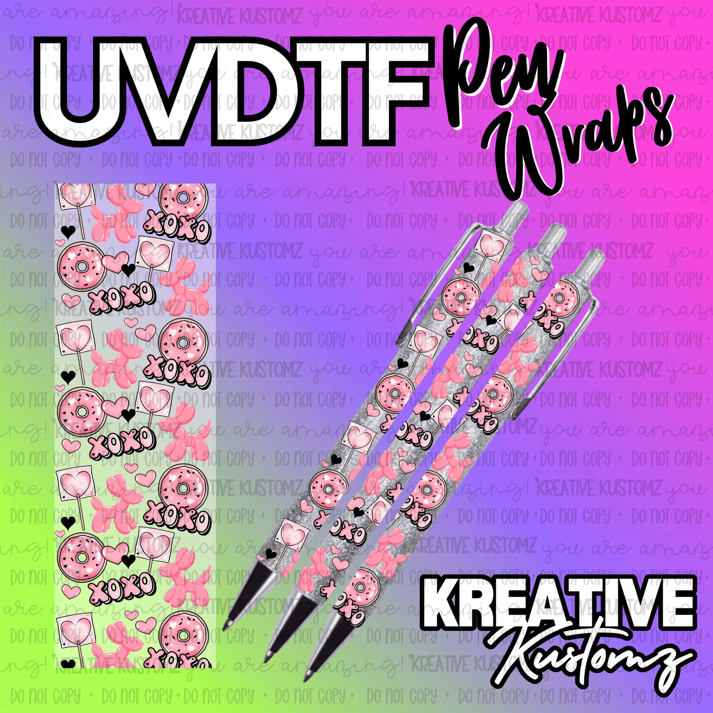 A UV DTF adhesive pen wrap featuring a pink pattern of donuts, balloons, and hearts.