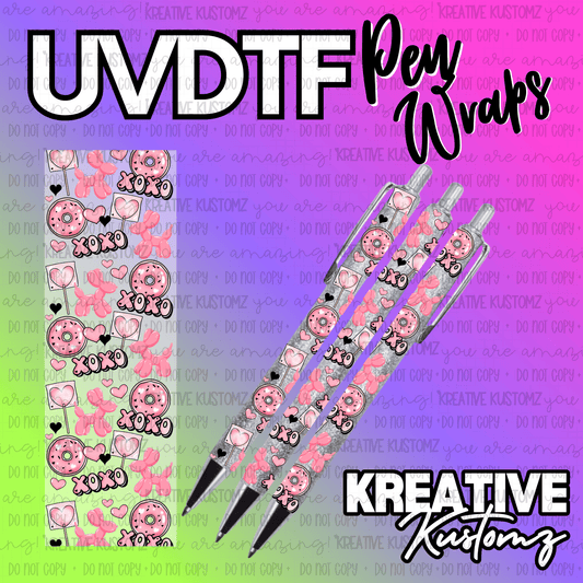 A UV DTF adhesive pen wrap featuring a pink pattern of donuts, balloons, and hearts.