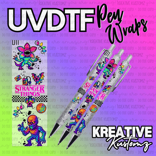 A Stranger Things themed UV DTF adhesive pen wrap featuring colorful monster and icon designs.