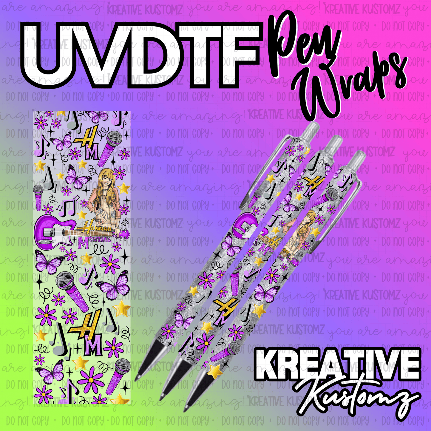 A Hannah Montana themed UV DTF adhesive pen wrap featuring guitars, microphones, and butterflies.