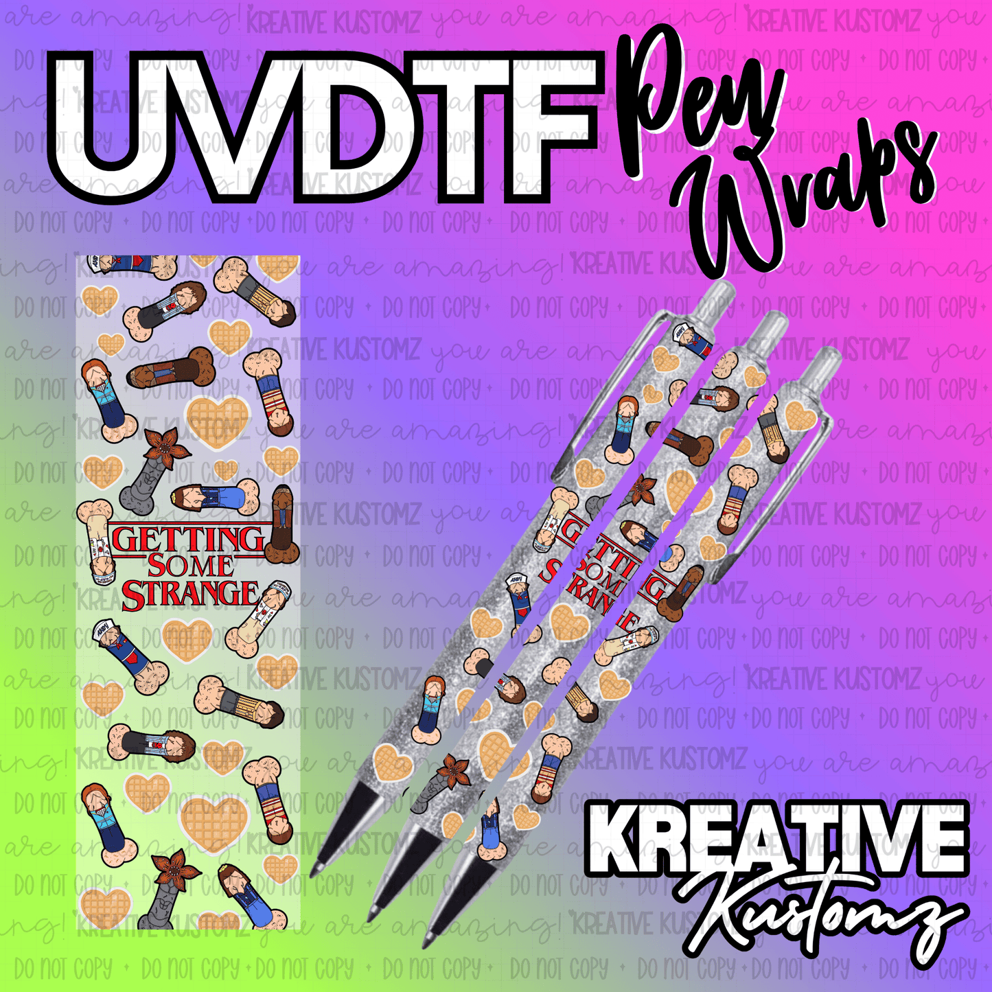 A UV DTF adhesive pen wrap featuring a Stranger Things theme with waffles and character motifs.