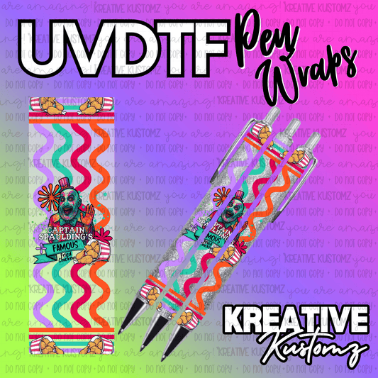A Captain Spaulding themed adhesive pen wrap featuring a colorful wavy pattern and fried chicken.