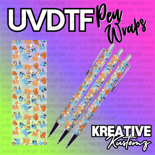 A UV DTF adhesive pen wrap featuring a pattern of orange and blue balloon animals and paw prints.