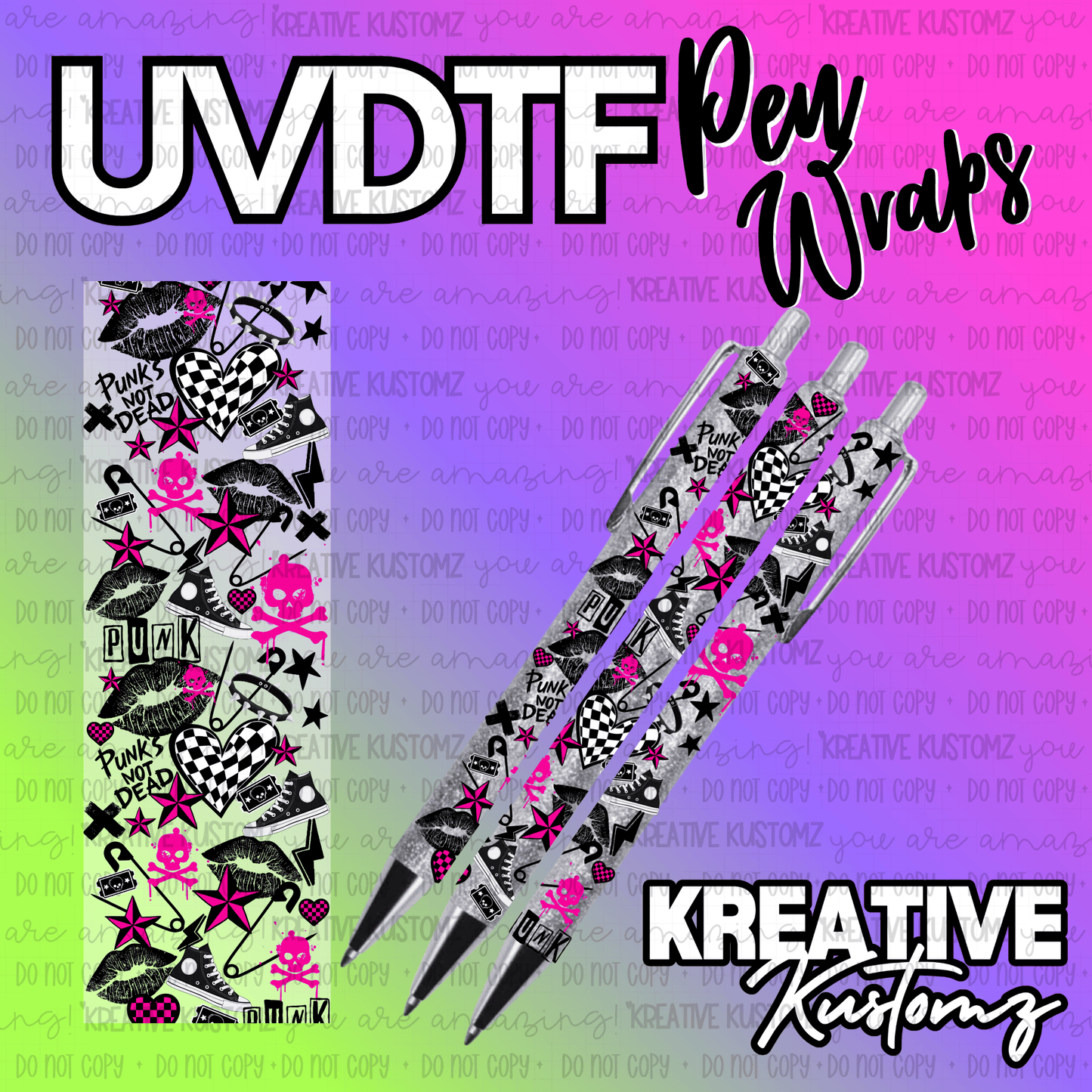 A punk-themed UV DTF pen wrap featuring skulls, hearts, and sneakers on a patterned background.