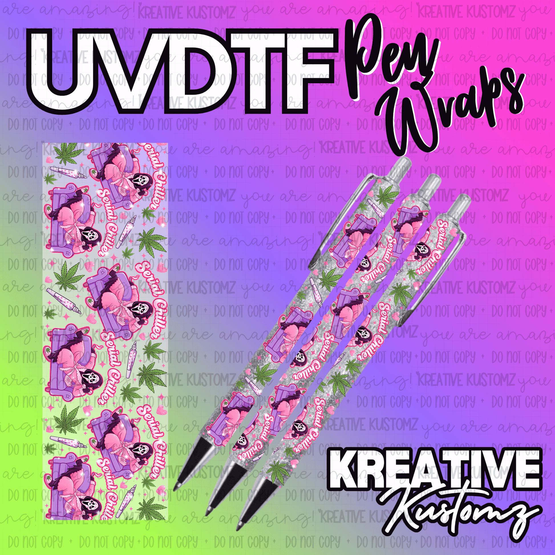 A UV DTF pen wrap featuring a Ghostface character lounging with cannabis leaves and joints.