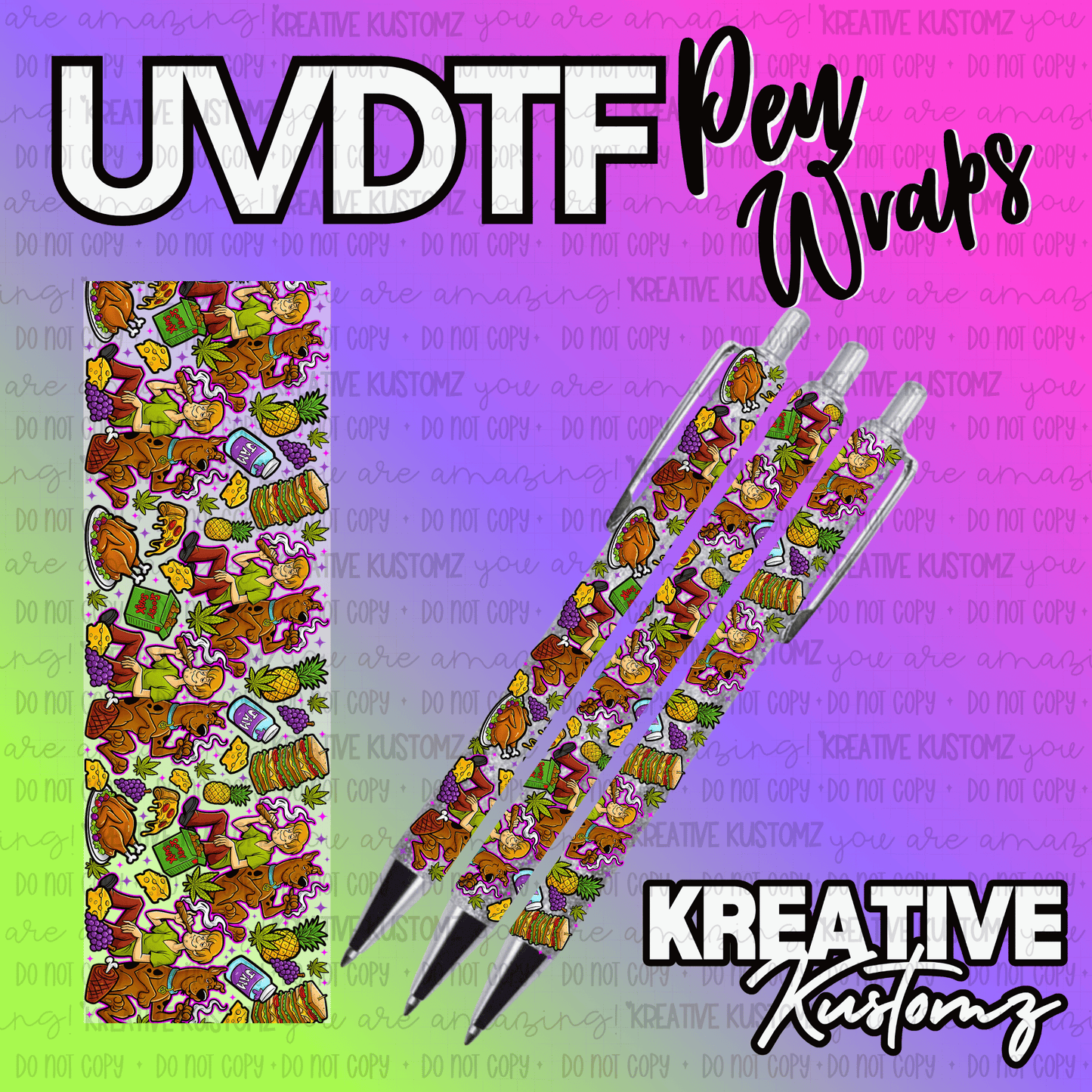 A UV DTF adhesive pen wrap featuring a cartoon pattern of food and characters on a light background.