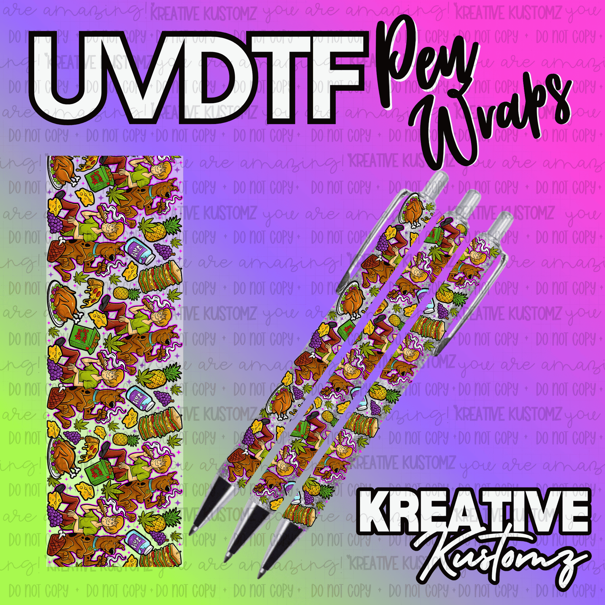 A UV DTF adhesive pen wrap featuring a cartoon pattern of food and characters on a light background.