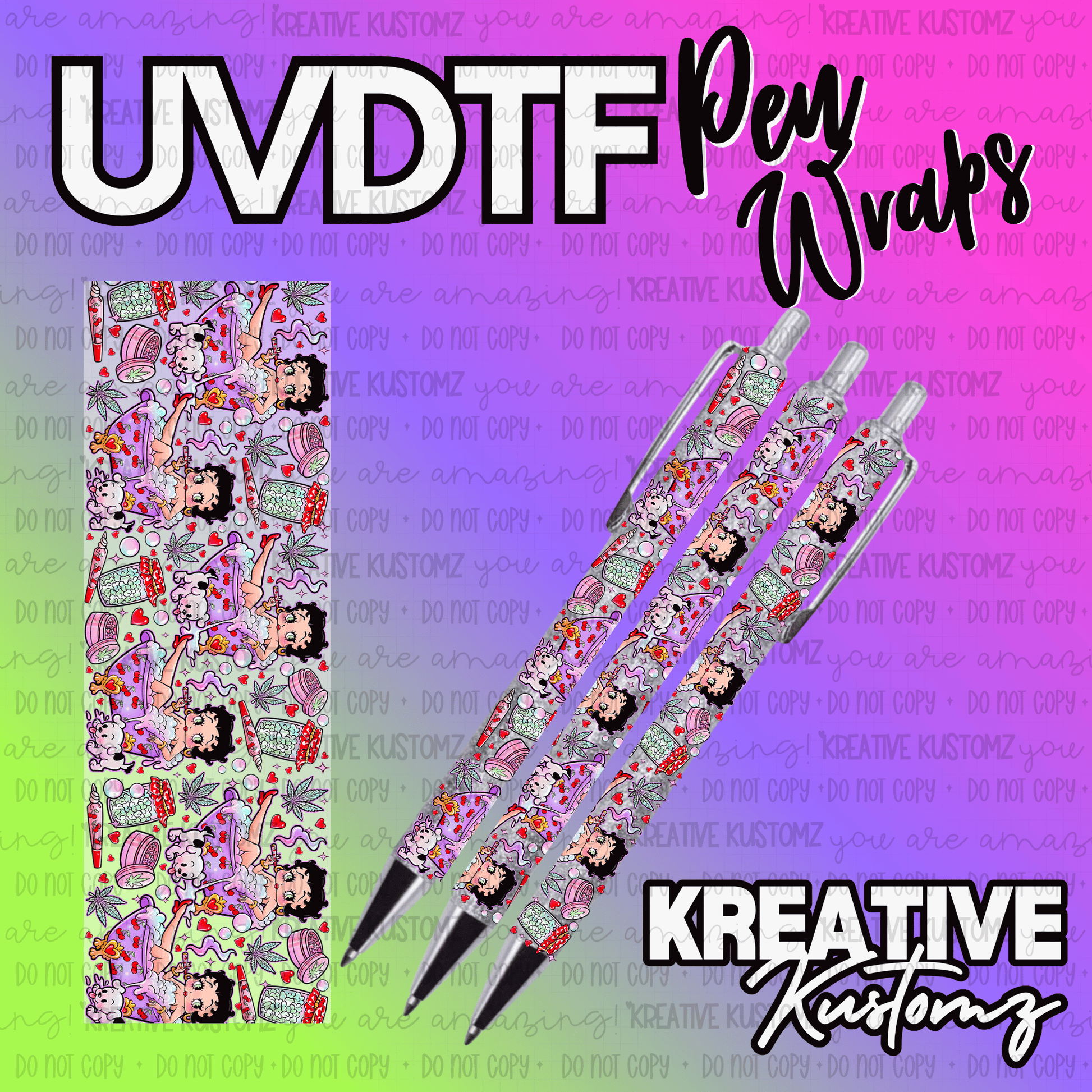 A rectangular UV DTF pen wrap featuring a repeating pattern of Betty Boop and cannabis motifs.
