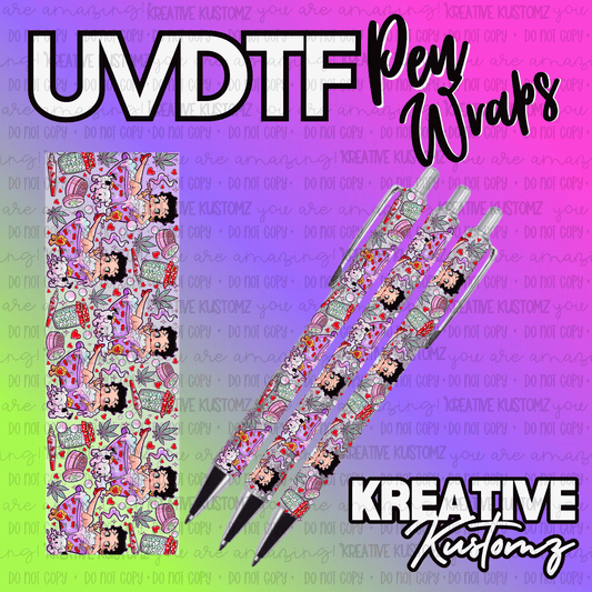 A rectangular UV DTF pen wrap featuring a repeating pattern of Betty Boop and cannabis motifs.