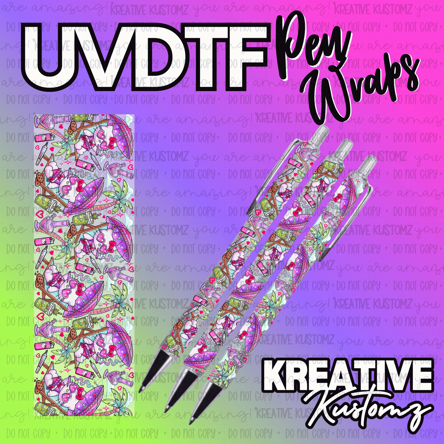 A UV DTF adhesive pen wrap featuring a colorful Hello Kitty beach theme with palm trees and drinks.