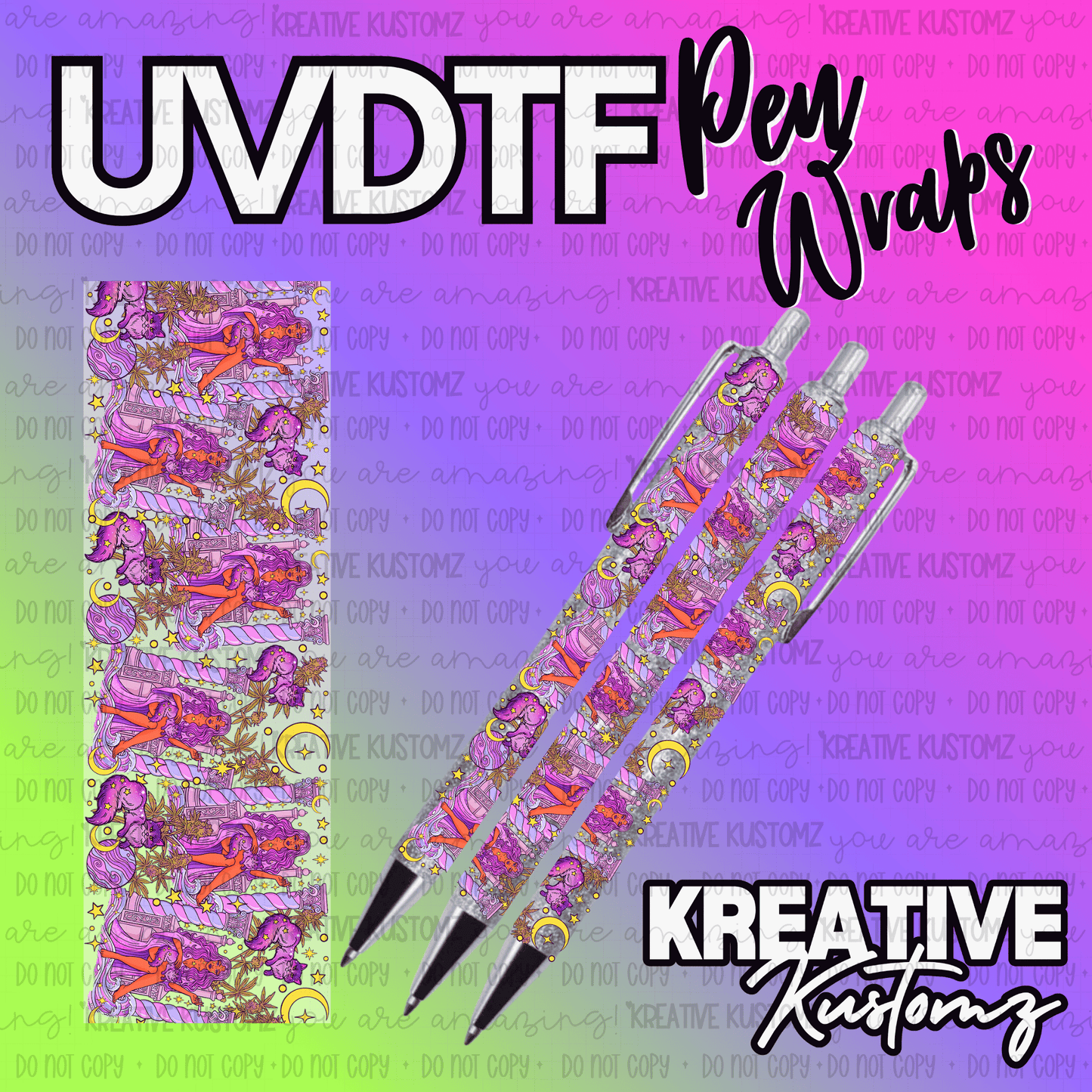 A rectangular UV DTF pen wrap featuring a repeating pattern of celestial figures and moons.