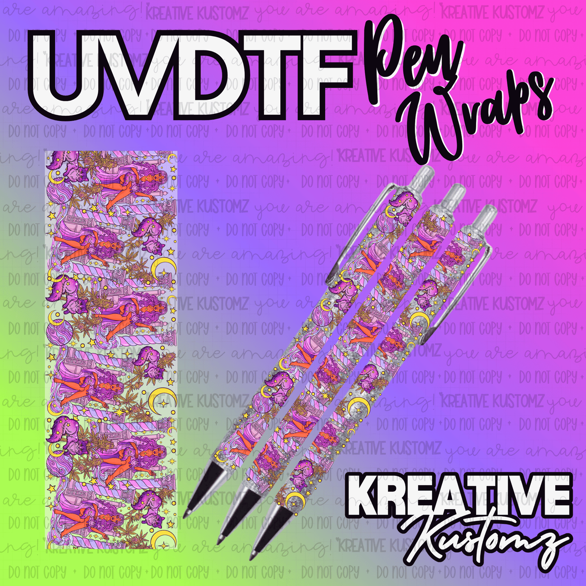 A rectangular UV DTF pen wrap featuring a repeating pattern of celestial figures and moons.