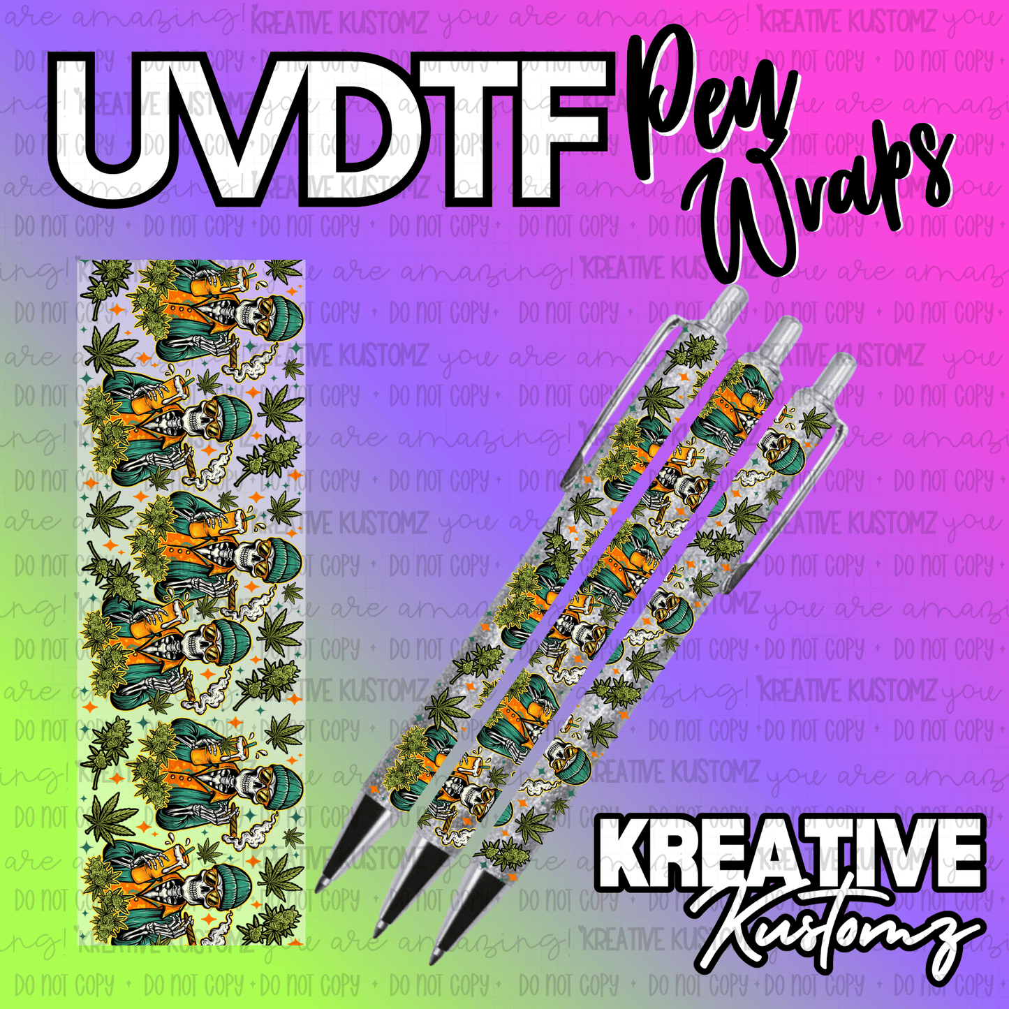 A rectangular UV DTF pen wrap featuring a repeating pattern of skeletons and cannabis leaves.