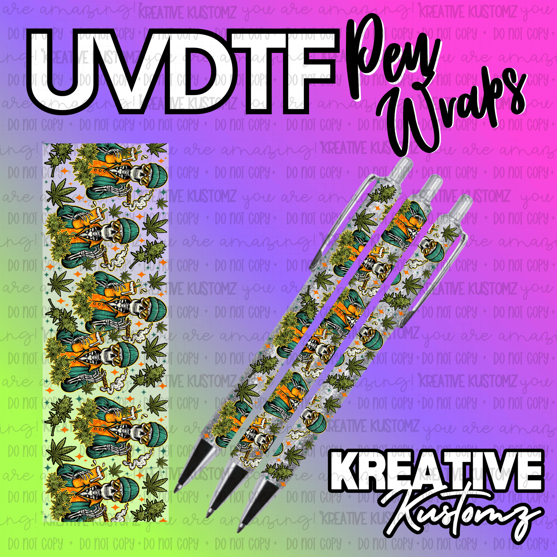 A rectangular UV DTF pen wrap featuring a repeating pattern of skeletons and cannabis leaves.
