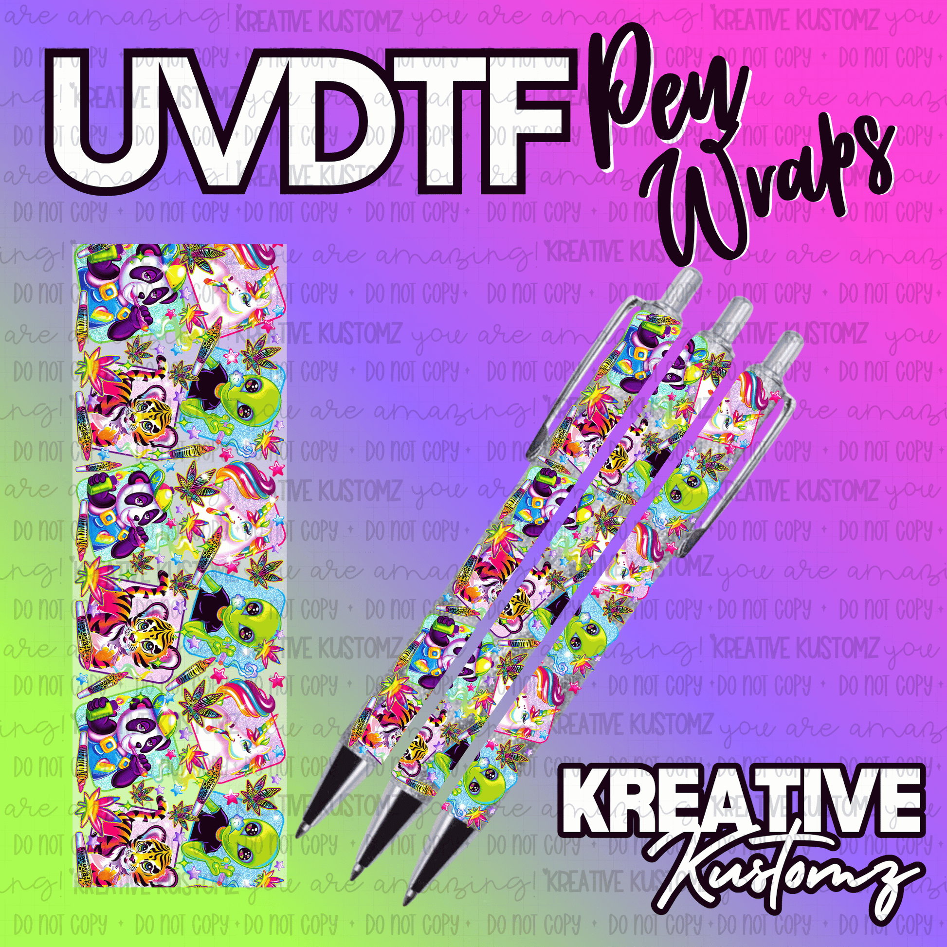 A colorful UV DTF adhesive pen wrap featuring cartoon animals and alien designs.