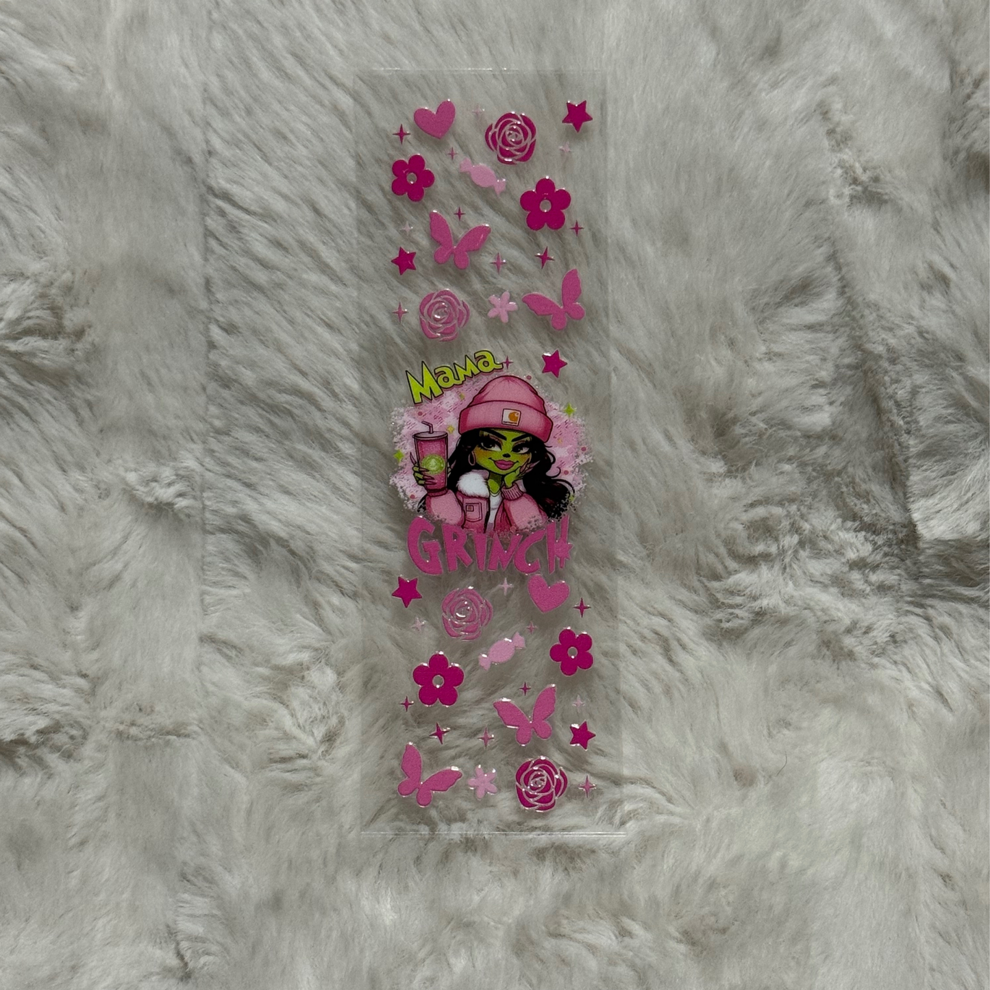 A rectangular UV DTF pen wrap featuring a Mama Grinch design with pink flowers and butterflies.