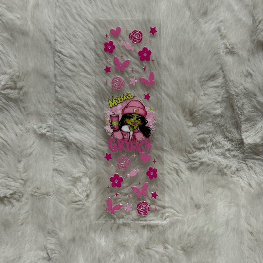 A rectangular UV DTF pen wrap featuring a Mama Grinch design with pink flowers and butterflies.