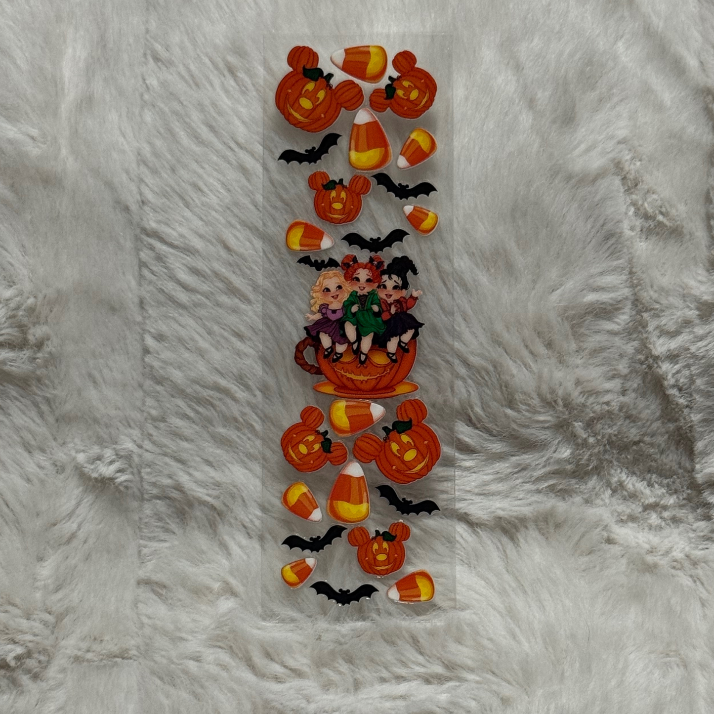 A rectangular UV DTF decal featuring Hocus Pocus characters, Mickey pumpkins, bats, and candy corn.