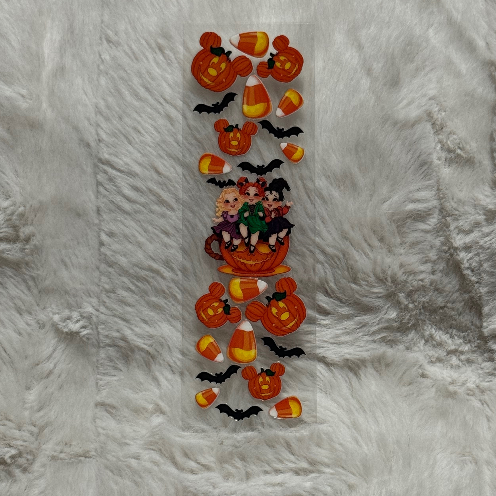 A rectangular UV DTF decal featuring Hocus Pocus characters, Mickey pumpkins, bats, and candy corn.