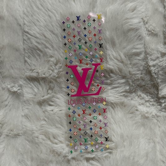 A rectangular UV DTF adhesive pen wrap featuring a colorful Louis Vuitton monogram pattern.