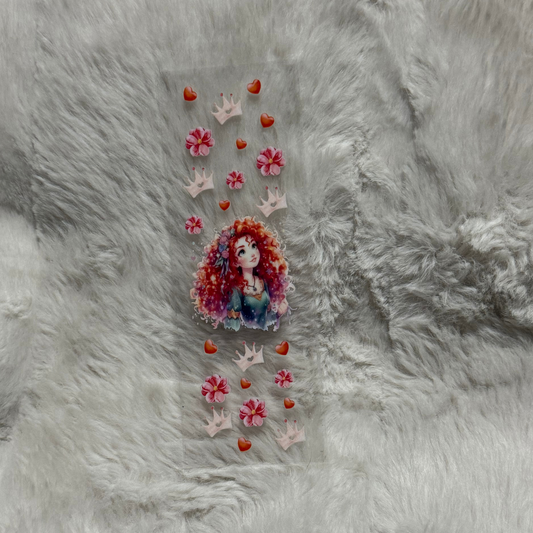 A clear UV DTF pen wrap featuring a red-haired princess surrounded by pink flowers and crowns.