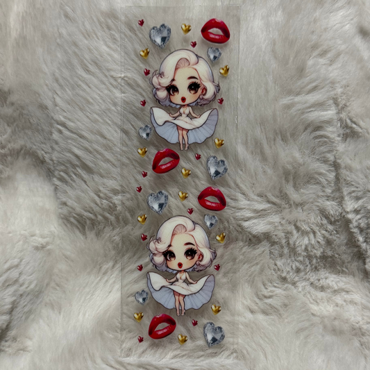 A rectangular UV DTF decal featuring two chibi Marilyn Monroe figures, red lips, and hearts.