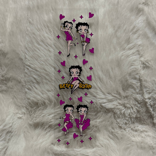 A UV DTF adhesive pen wrap featuring multiple Betty Boop illustrations and pink hearts.