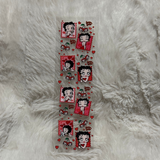 A rectangular UV DTF pen wrap featuring Betty Boop characters, cherries, and red hearts.