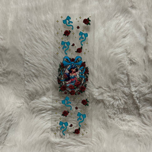 A rectangular UV DTF pen wrap featuring a central Jasmine portrait framed by roses and blue bows.