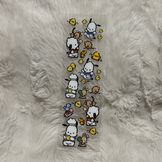 A clear adhesive pen wrap featuring Pochacco characters and small yellow chicks.
