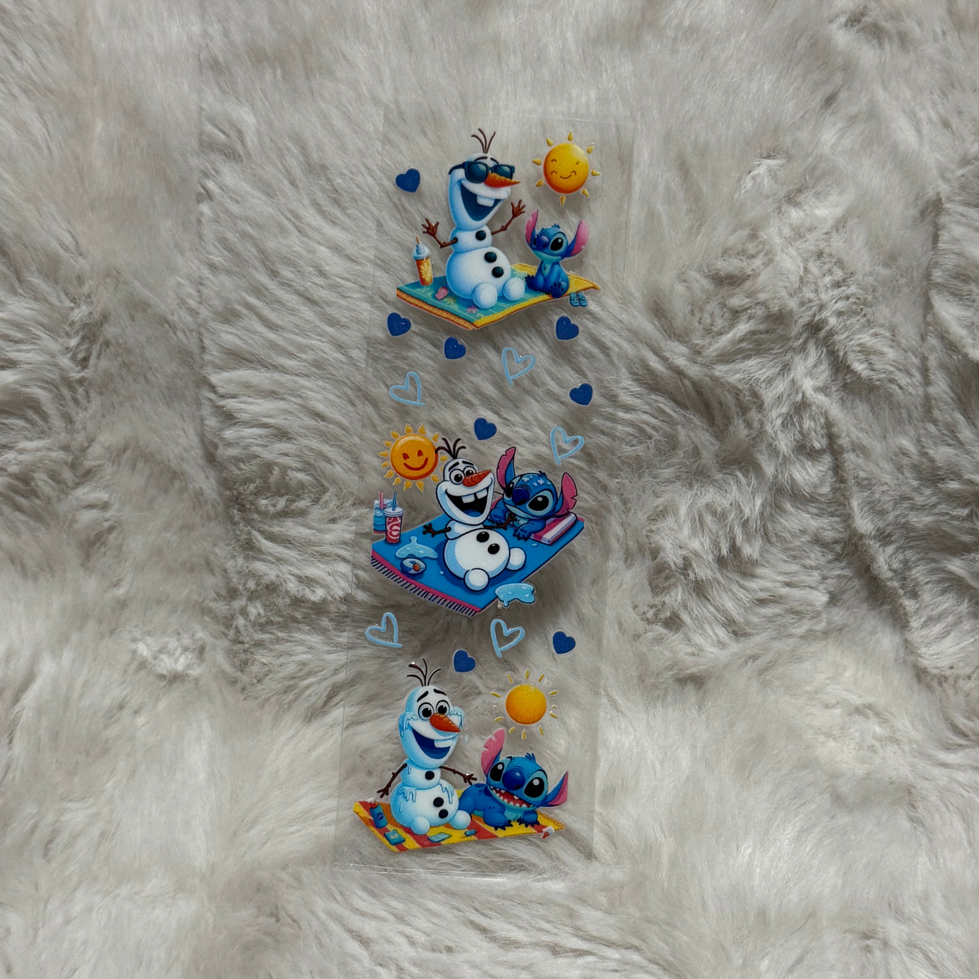 A rectangular UV DTF adhesive pen wrap featuring three scenes of Olaf and Stitch on a beach.