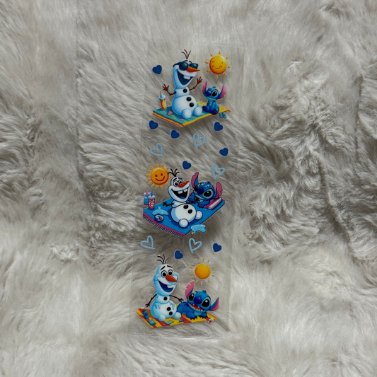 A rectangular UV DTF adhesive pen wrap featuring three scenes of Olaf and Stitch on a beach.