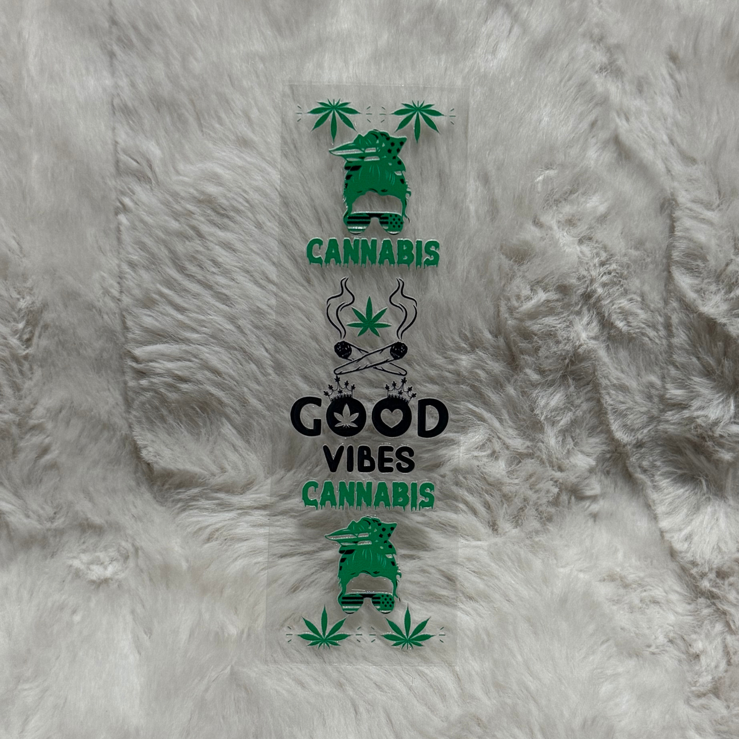A rectangular UV DTF pen wrap featuring cannabis-themed graphics and text on a clear backing.