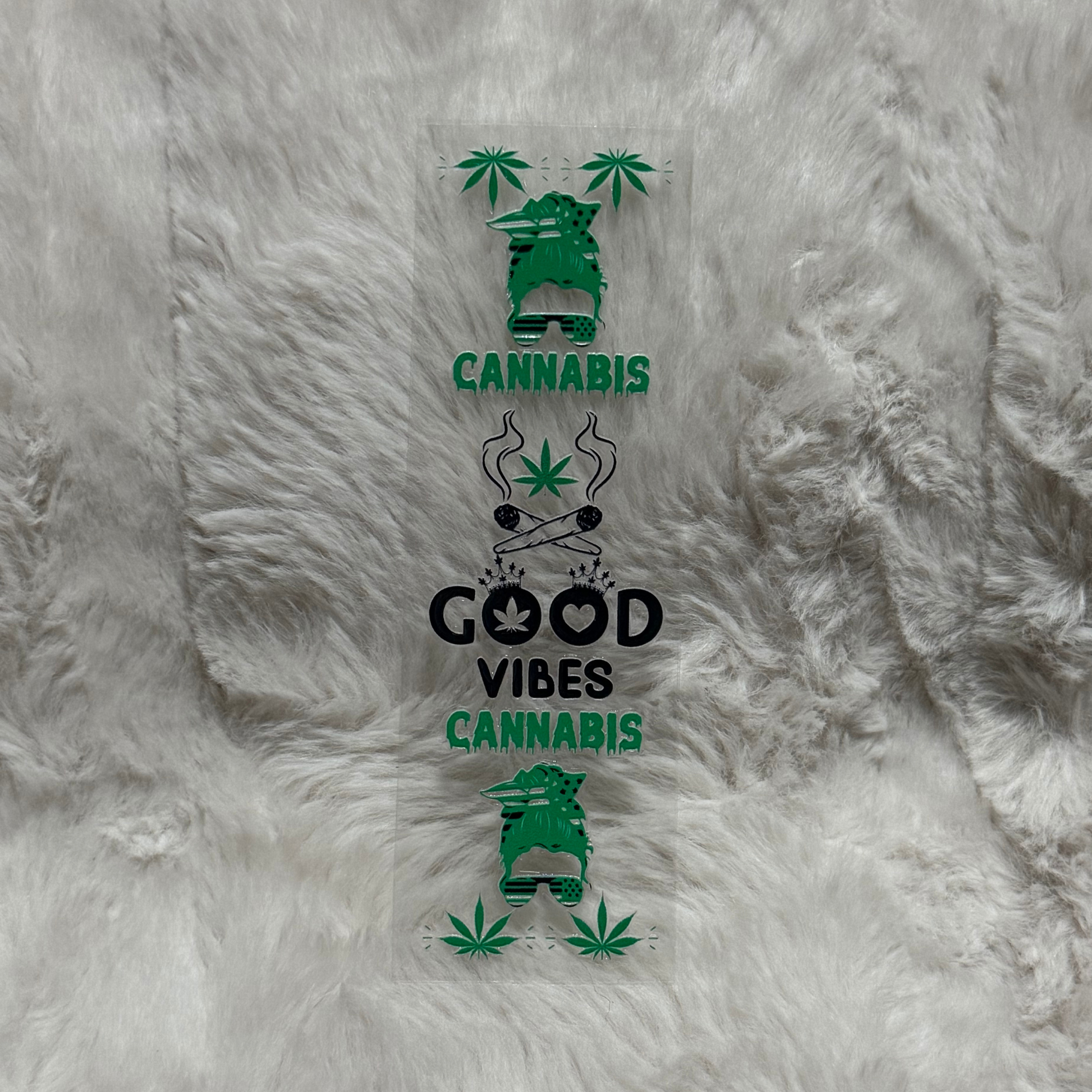 A rectangular UV DTF pen wrap featuring cannabis-themed graphics and text on a clear backing.