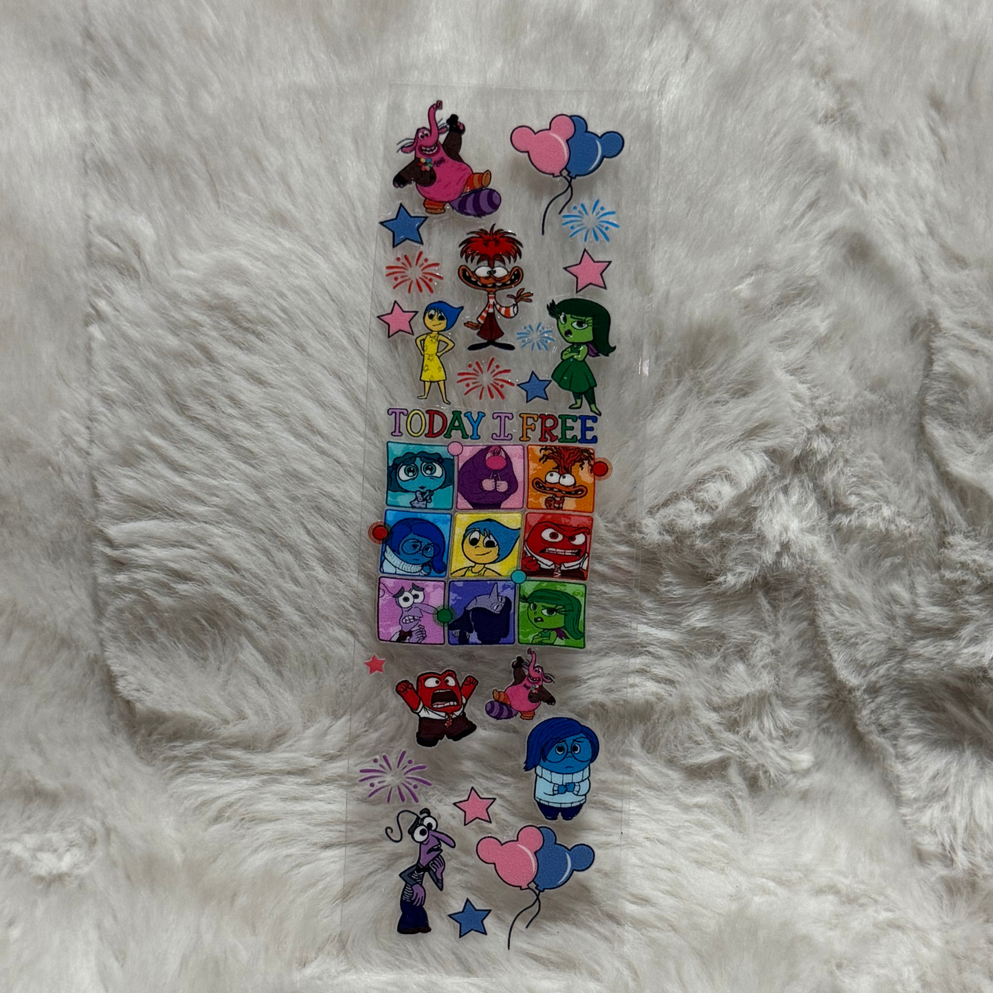 A clear adhesive pen wrap featuring Inside Out characters and the text Today I Free.