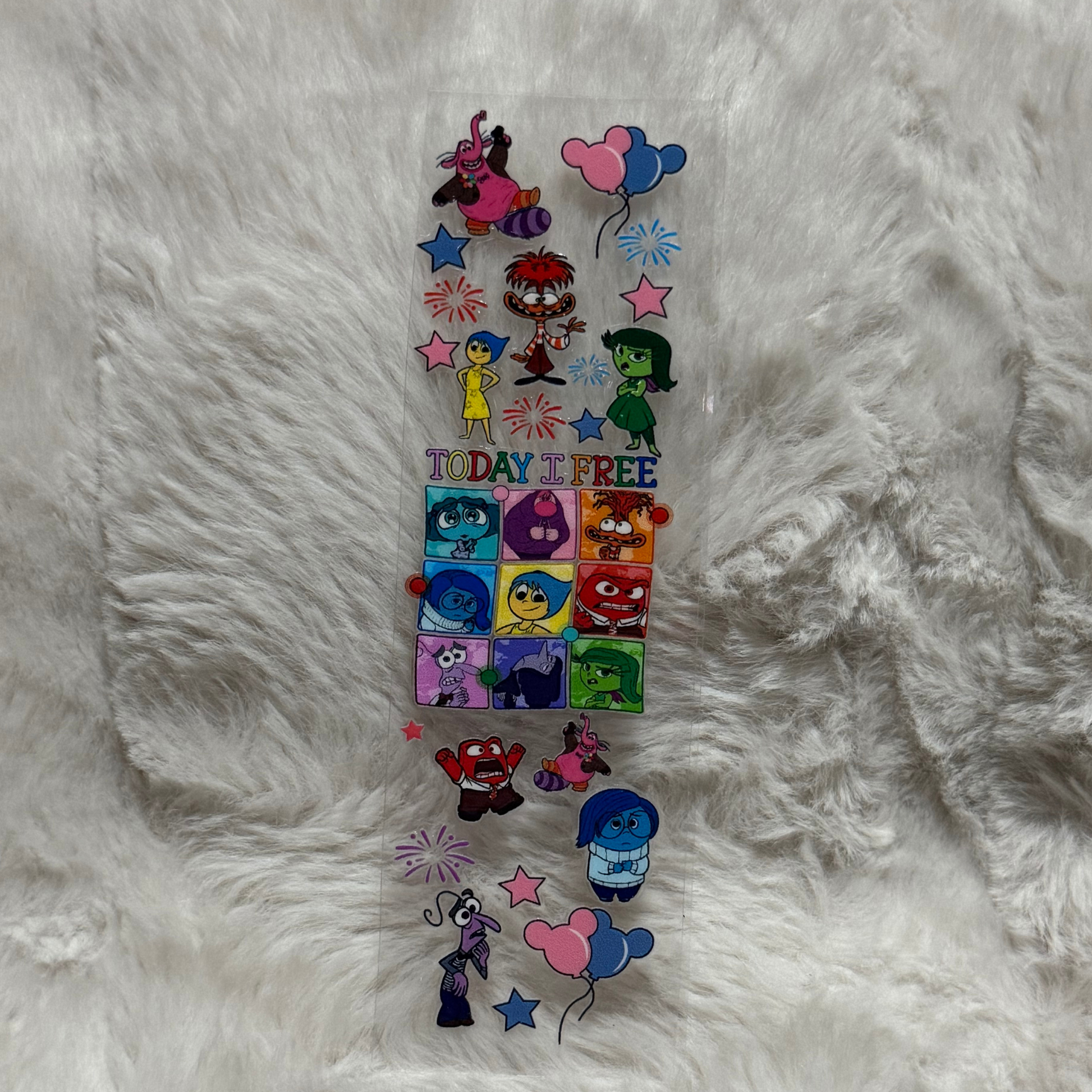 A clear adhesive pen wrap featuring Inside Out characters and the text Today I Free.