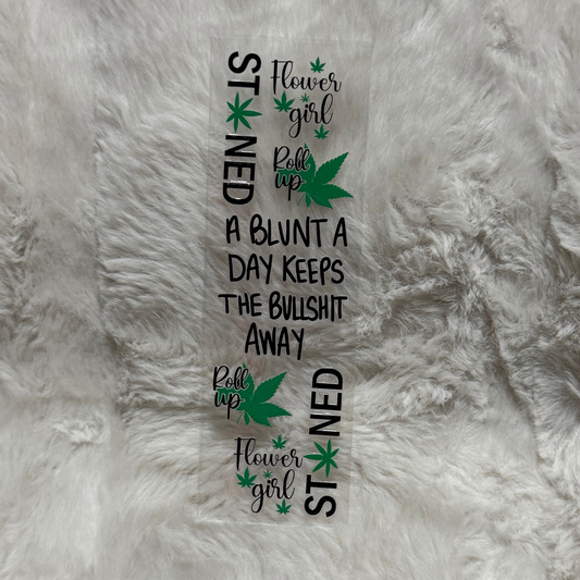 A rectangular UV DTF adhesive pen wrap featuring cannabis-themed text and leaf designs.