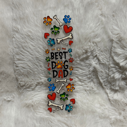 A rectangular UV DTF pen wrap featuring colorful paw prints, bones, and hearts with Best Dog Dad.