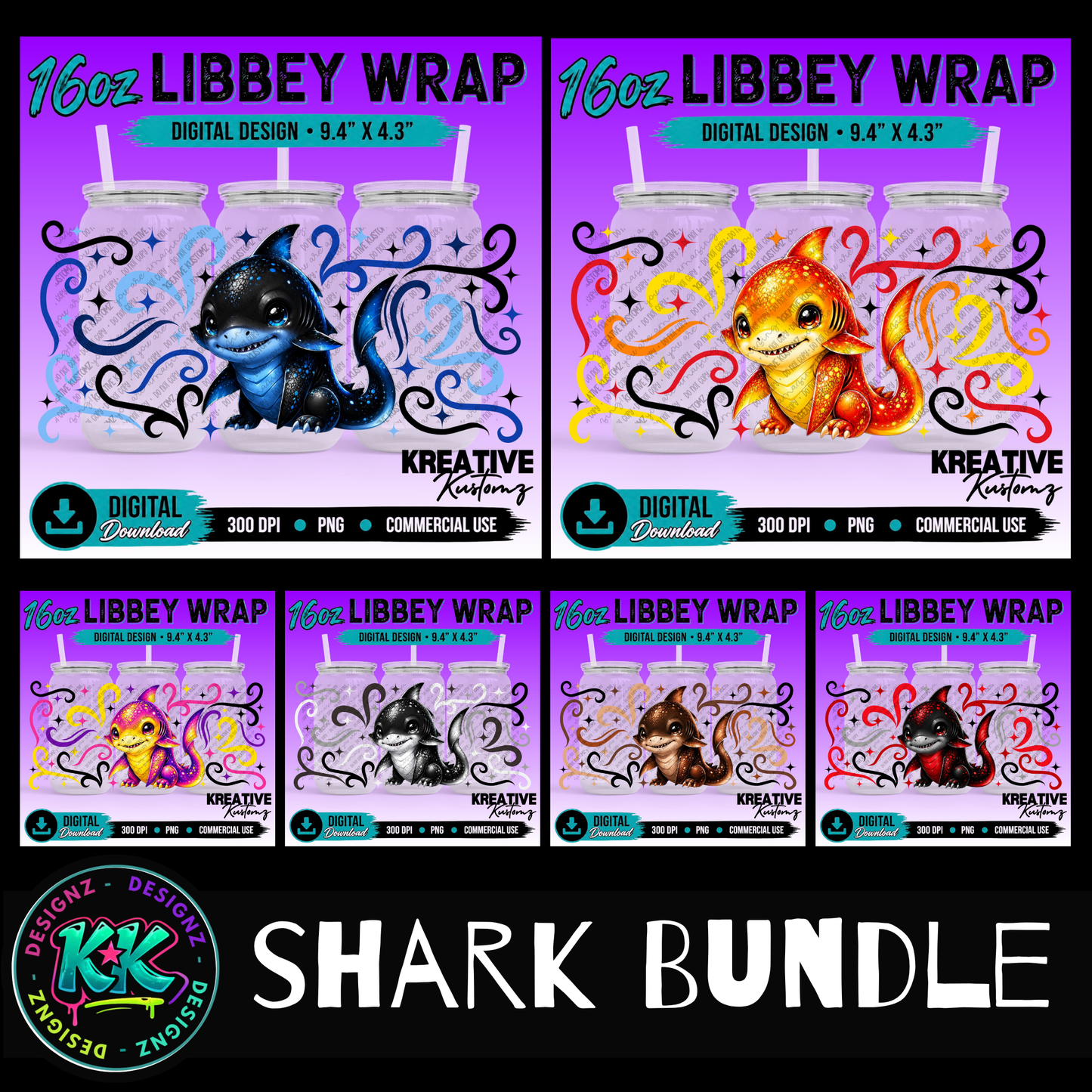 Cute Sharks | 16oz Libbey Glass Can Wrap PNG - Digital Download Bundle