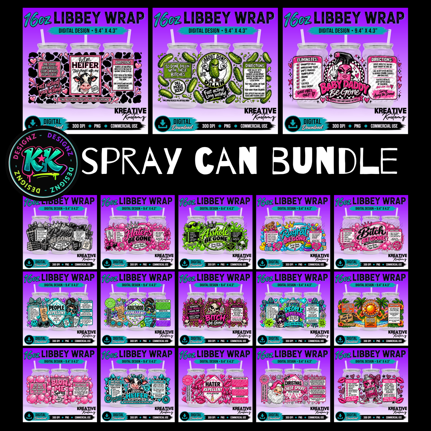 Spray Cans | 16oz Libbey Glass Can Wrap PNG - Digital Download Bundle