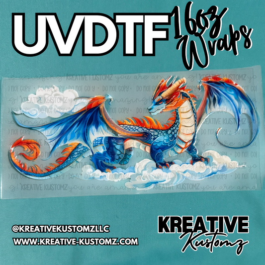 A UV DTF adhesive cup wrap featuring a vibrant blue and orange dragon flying among clouds.