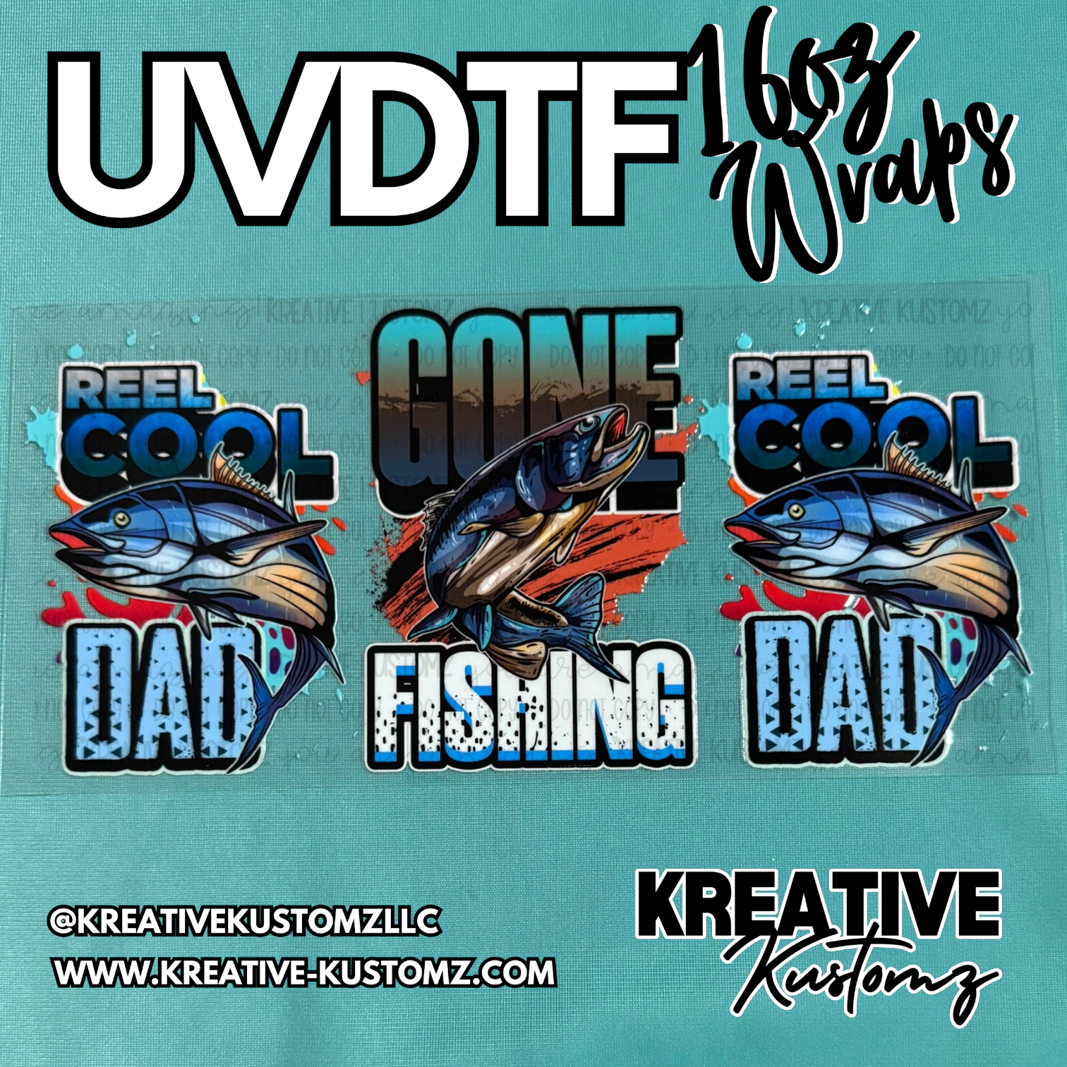 A UV DTF cup wrap featuring fishing-themed designs with fish and text on a clear backing.
