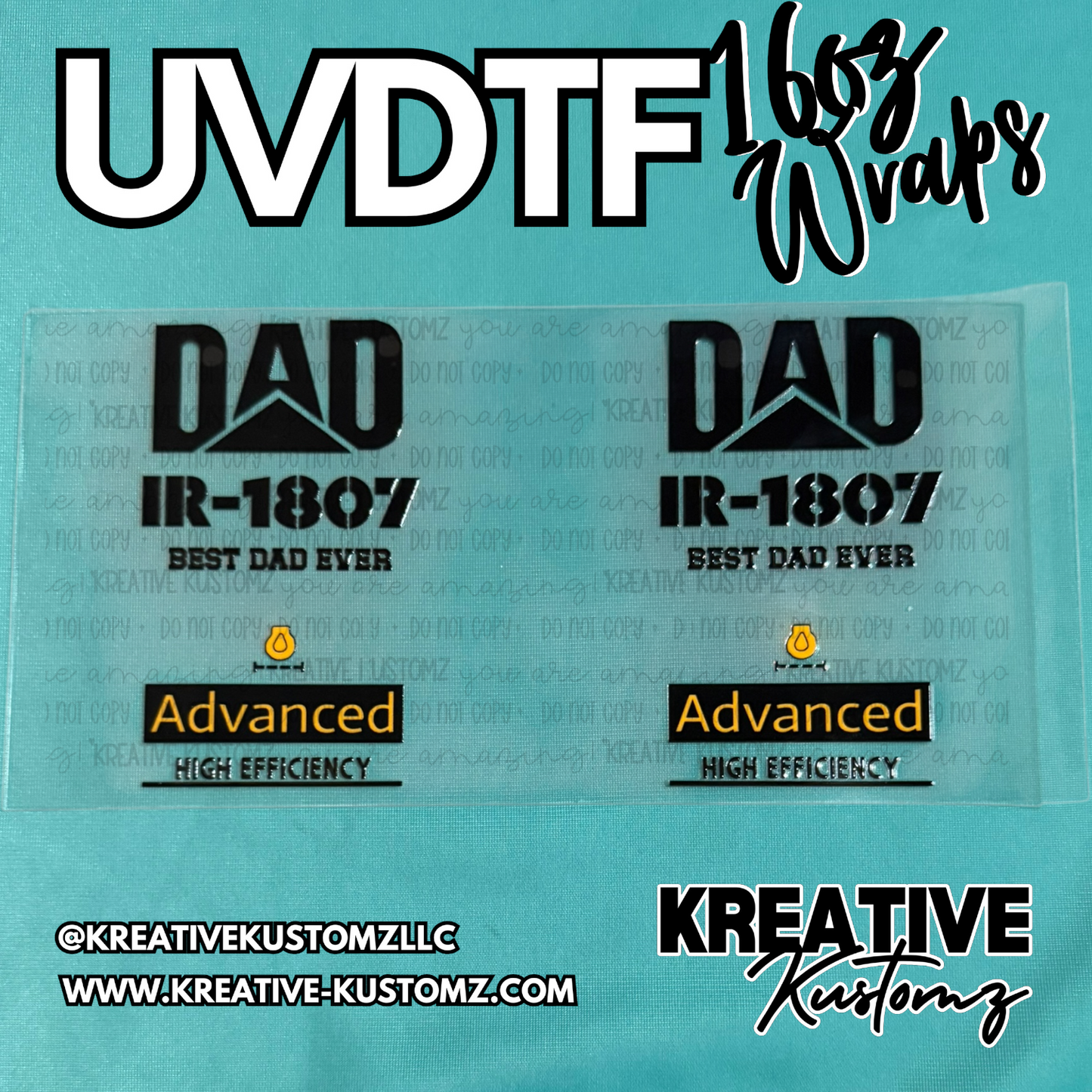 Two UV DTF adhesive cup wraps featuring a Dad-themed design on a clear backing.