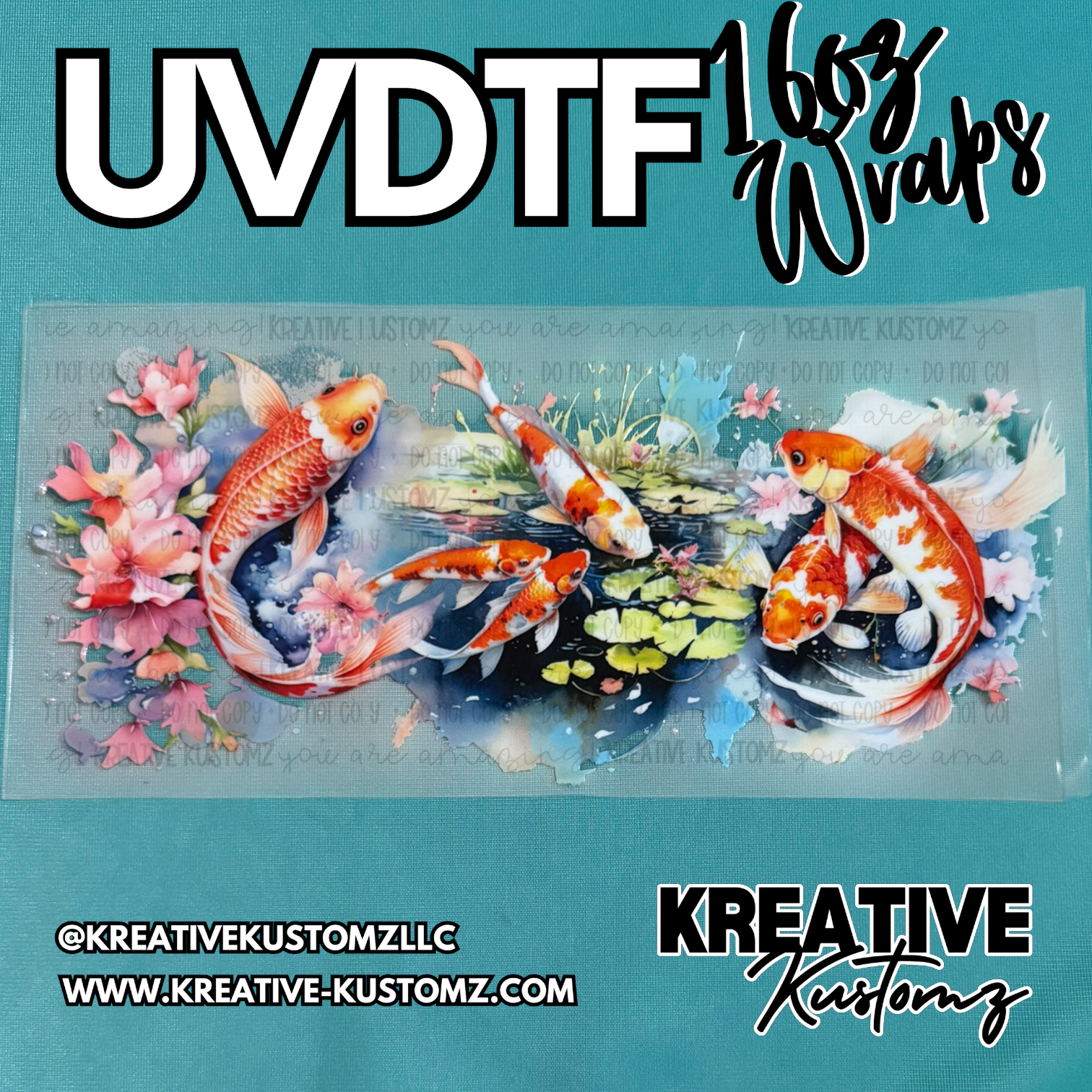 A UV DTF adhesive cup wrap featuring a watercolor koi fish and floral design.