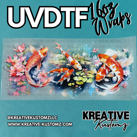 A UV DTF adhesive cup wrap featuring a watercolor koi fish and floral design.