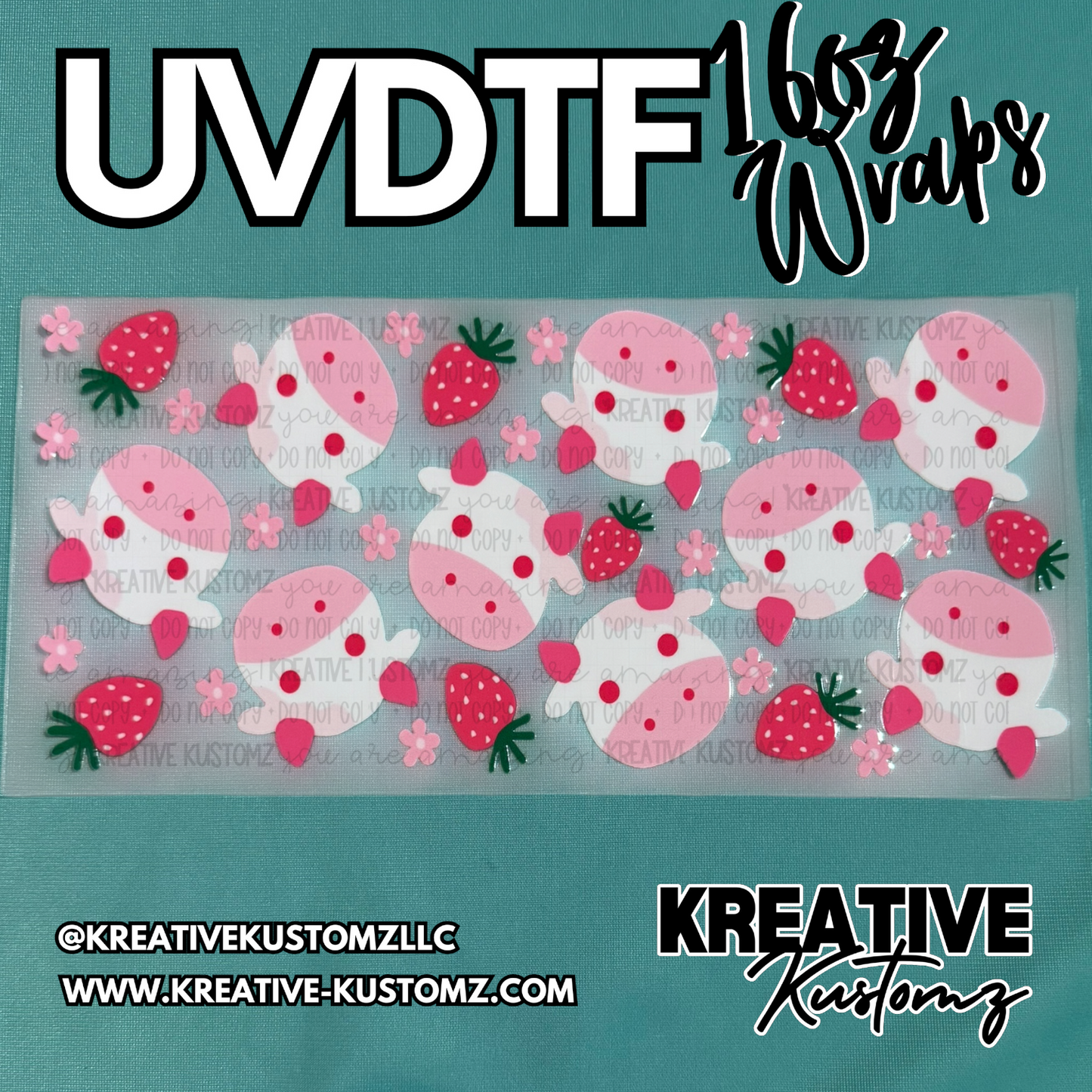 A UV DTF cup wrap featuring a repeating pattern of pink cows, strawberries, and small flowers.