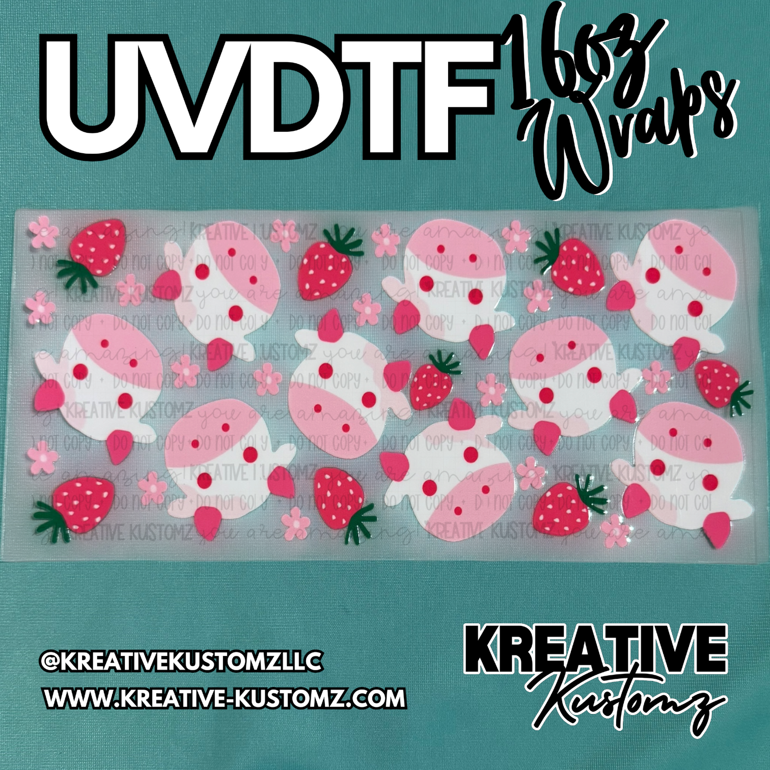A UV DTF cup wrap featuring a repeating pattern of pink cows, strawberries, and small flowers.